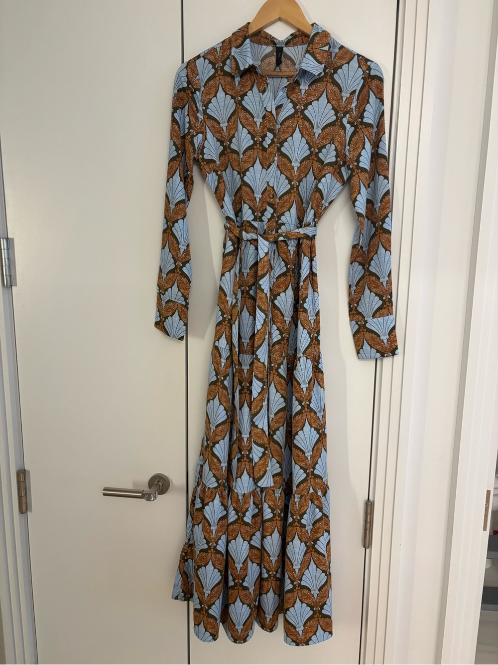 Long-Sleeve Belted Maxi Dress in Light Blue and Brown Fan Print